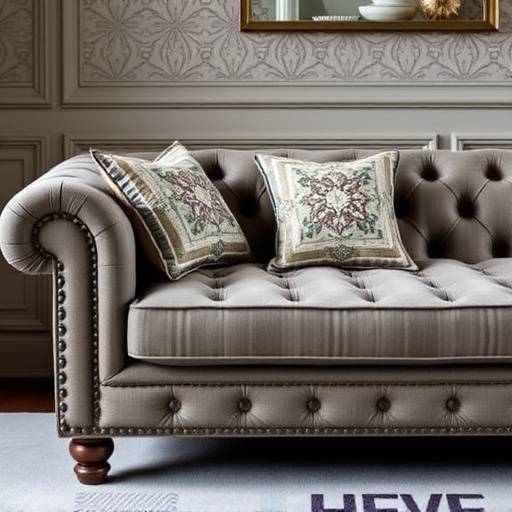 A bespoke upholstered sofa with tufted detailing and throw pillows, showcasing a unique fabric choice.