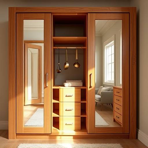 A bespoke wooden wardrobe with mirrored doors and internal shelving, showcasing efficient storage solutions.