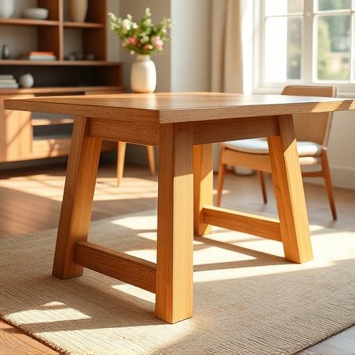 A custom-designed wooden dining table with unique leg design and a natural finish.