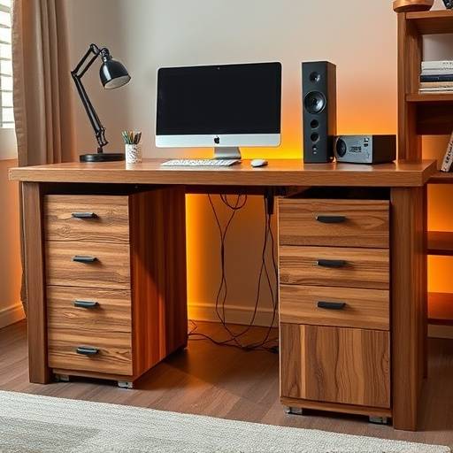 A custom-made wooden desk with built-in drawers and a cable management system, designed for a home office.