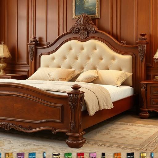 A handcrafted wooden bed frame with an upholstered headboard, featuring custom carvings and a stain finish.