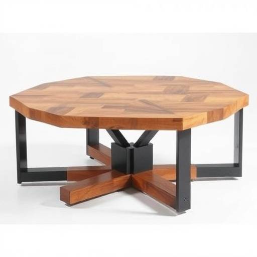A uniquely designed wooden coffee table with metal accents and a glass top, exemplifying modern craftsmanship.