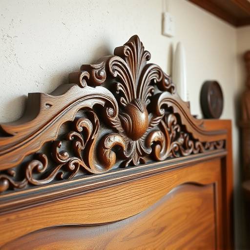 Artisan meticulously carving a decorative detail into a wooden headboard