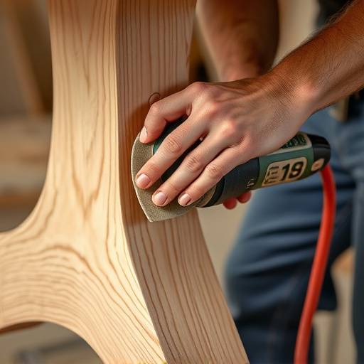 Close-up of a carpenter hand-sanding a wooden table leg