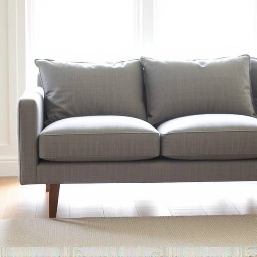 Elegant grey linen sofa with wooden legs and plush cushions