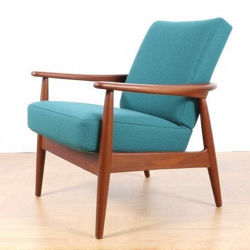 Mid-century modern style armchair with a walnut frame and teal fabric