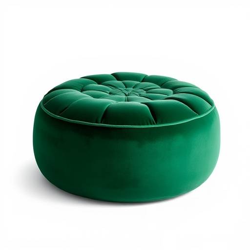 Round velvet pouf in a deep emerald green color