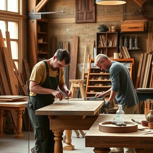 Two artisans working together on a wooden furniture piece in a workshop